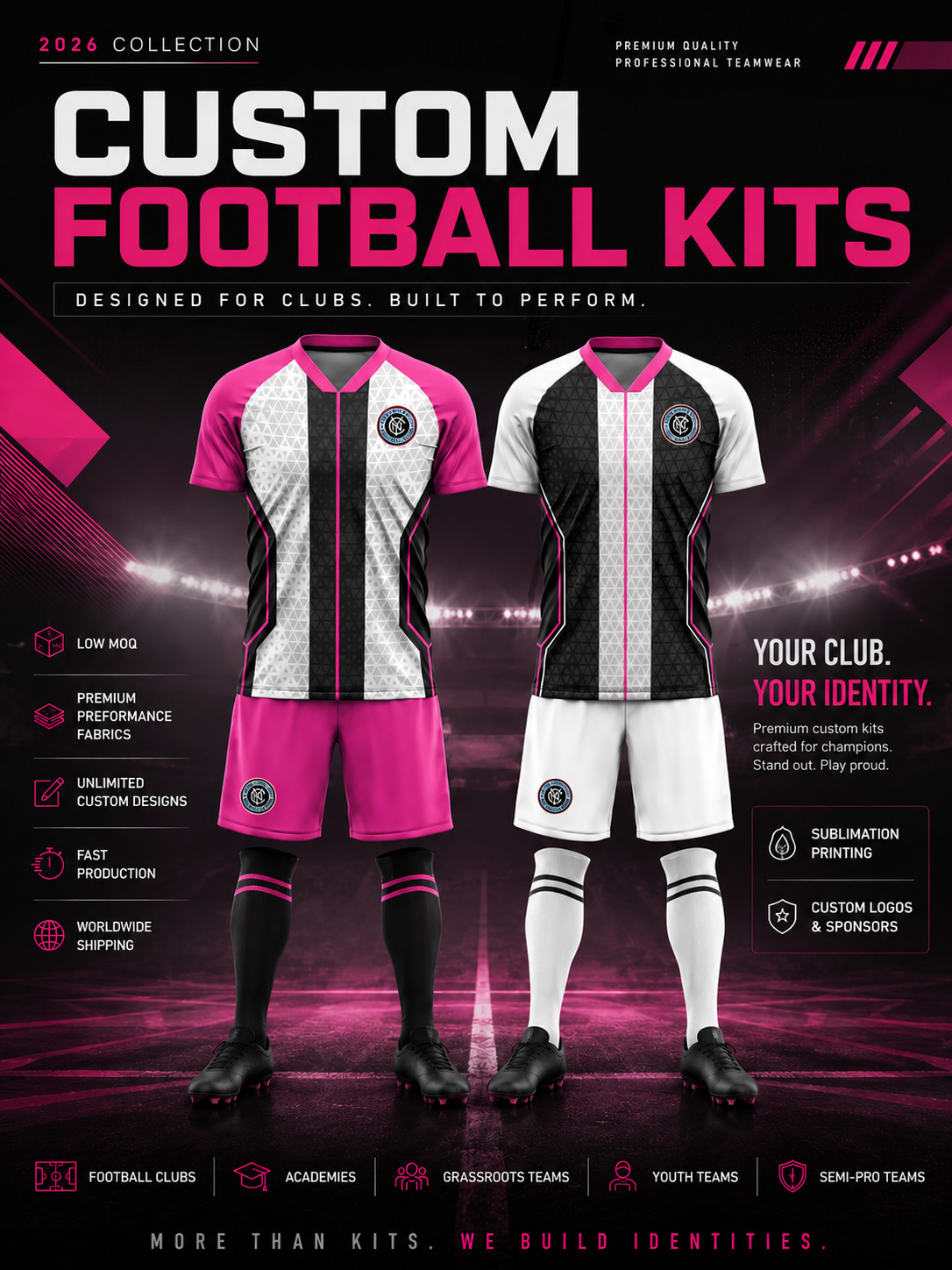 Custom Football Jerseys Pink Black and White Sublimated Match Kits for Football Clubs and Academies