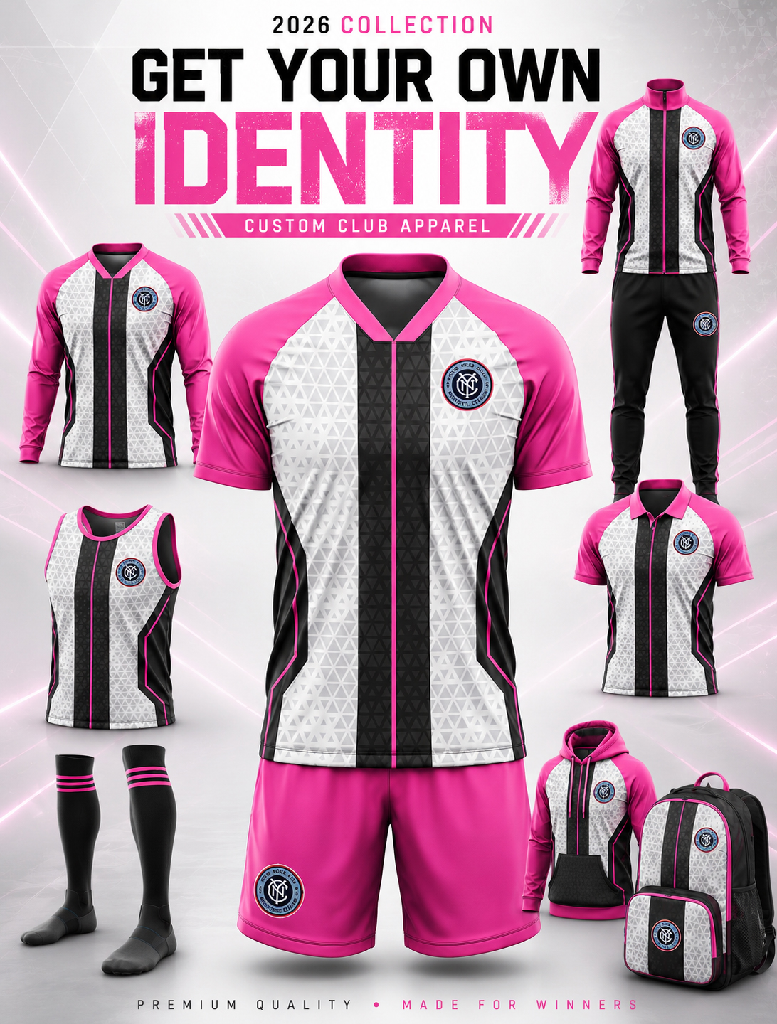 Custom Football Jerseys Pink Black and White Sublimated Match Kits for Football Clubs and Academies